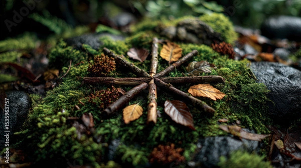 Fototapeta Navigating business growth with sustainable strategy is symbolized by natural elements arranged on moss, inspiring eco friendly progress.