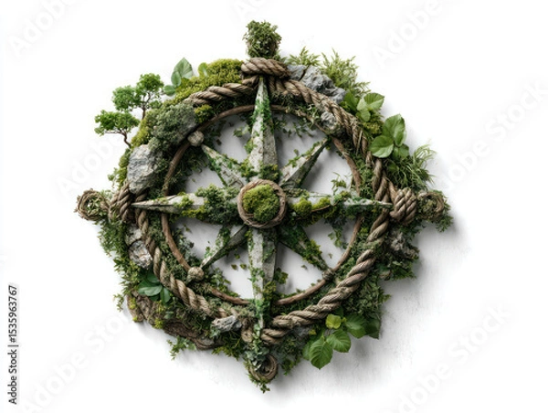 Fototapeta Navigating business growth with sustainable strategy is symbolized by compass made of natural elements like moss, leaves, and rope.