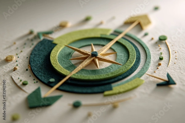 Fototapeta Navigating business growth with sustainable strategy is symbolized by green and gold compass design inspiring success and direction.