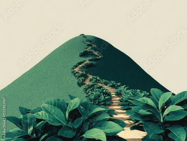 Fototapeta Sustainable path to success winds up green hill surrounded by lush leaves symbolizing growth and natural journey to achievement.