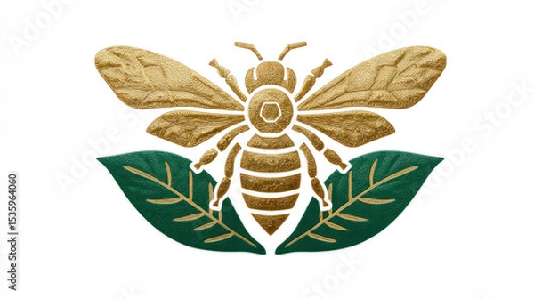 Fototapeta Golden bee with green leaves symbolizing business and sustainability in nature and environment.