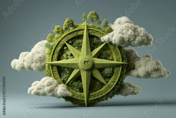 Fototapeta Navigating business growth with sustainable strategy is symbolized by green compass surrounded by trees and clouds inspiring eco friendly success.
