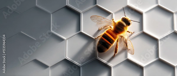 Fototapeta Honeybee on hexagonal pattern surface symbolizes business and sustainability in nature and industry.