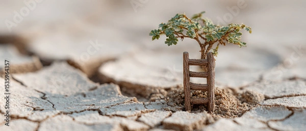 Fototapeta Climbing toward sustainable future small tree grows from dry cracked soil with tiny wooden ladder symbolizing growth and hope in harsh conditions.
