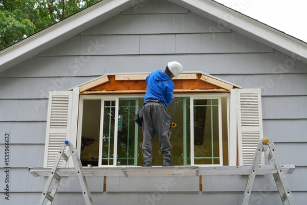 Fototapeta contractor working on replacing the window of the house
