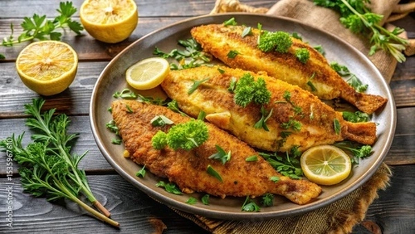 Fototapeta Pan-seared golden crispy spiced fried catfish on a plate, garnished with fresh herbs and served with lemon wedges , fried, fish,  fried