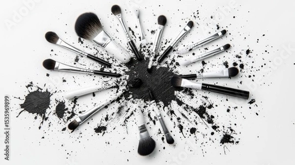 Obraz Artistic cosmetic brush set scattered with dramatic black ink blot design