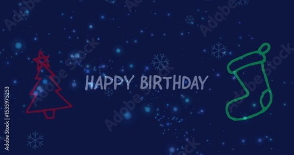 Obraz Displaying central HAPPY BIRTHDAY text on navy-blue card featuring red tree and green stocking