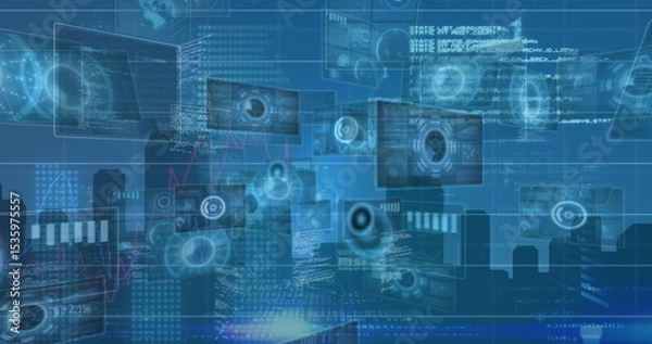 Fototapeta Displaying floating digital panels over blue city skyline, with scanning icons and code snippets