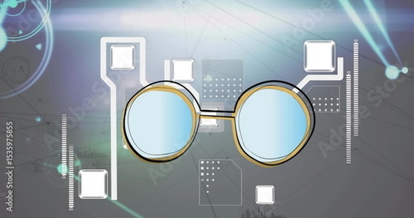 Obraz Stylized glasses floating in digital interface with panels, circuit lines and light streaks