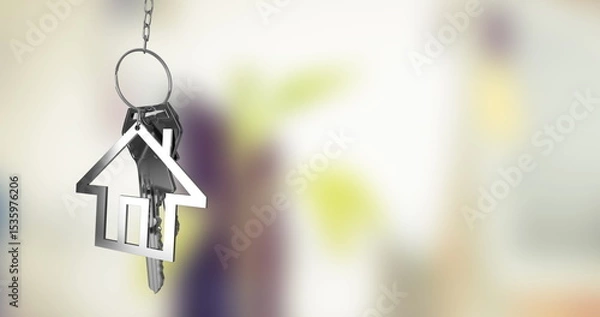 Fototapeta Hanging metallic house-shaped keychain pendant dangling from chain in entryway, keys, copy space