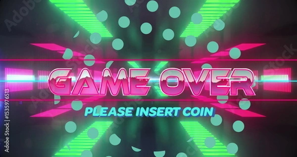 Obraz Displaying neon pink GAME OVER and cyan PLEASE INSERT COIN on retro arcade screen, light beams