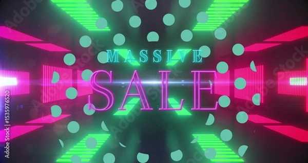 Obraz Neon MASSIVE SALE sign glowing in dark digital tunnel, with streaming light bars and green circles