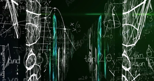 Fototapeta Displaying graphic forming 3D tunnel in dark green gradient, with turquoise pillars and formulas