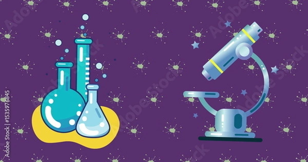 Obraz Showing stylized science icons glowing on purple backdrop, with lab flasks, bubbles and microscope