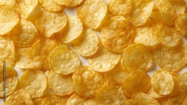 Fototapeta A close up view of many golden and crispy potato chips scattered on a white surface