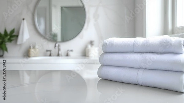 Fototapeta A modern bathroom marble countertop with sink,towels,mirror on a blurred background | empty for product display