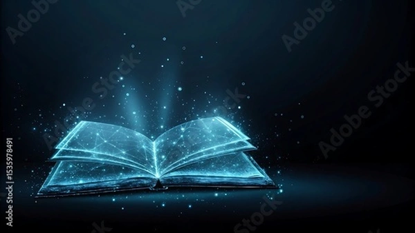 Fototapeta Glowing open book with blue light and particles floating in a dark background scene