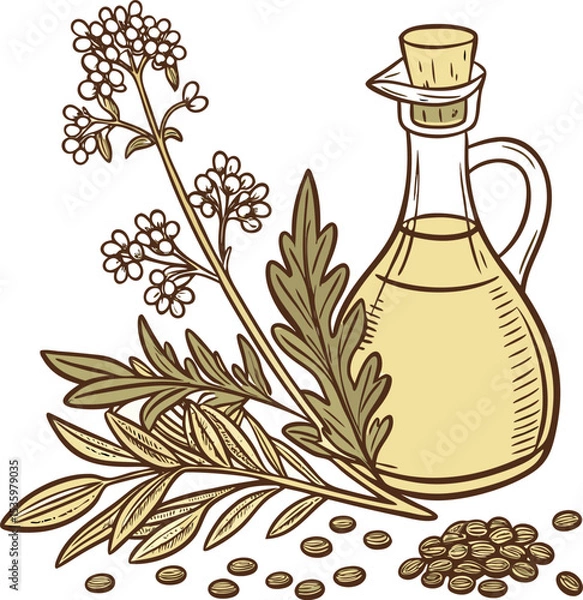 Obraz Detailed illustration of rapeseed plants and seeds with a glass bottle of oil representing healthy cooking components