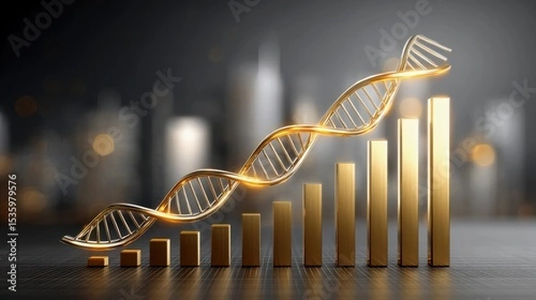 Fototapeta The concept of scaling business innovation change. Golden DNA helix intertwined with ascending bar graph columns symbolizing growth, progress, and innovation in genetics or biotechnology.