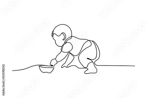 Fototapeta Baby crawling towards bowl continuous line art illustration