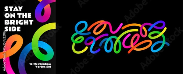 Obraz Abstract Line Pattern. Color Gradient Wave Shapes on Black Background. 3D Vector Curve Graphic. Wavy Rainbow Ribbons Poster.
