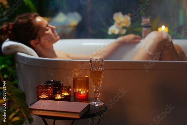Obraz Peaceful Evening Bath with Book and Bubbles