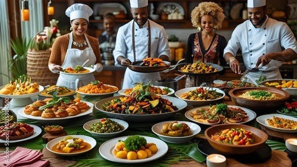 Fototapeta Delicious Ethiopian buffet abundant food vibrant colors tempting dishes a feast for the eyes and stomach