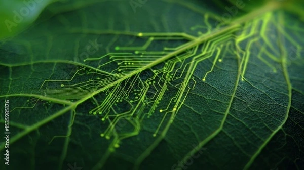 Obraz Green leaf with digital circuit overlay concept