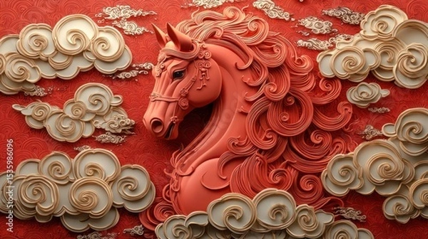 Obraz Ornate red horse head, stylized clouds on crimson backdrop