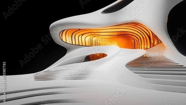 Obraz Abstract architectural rendering of a futuristic, flowing structure with warm interior lighting