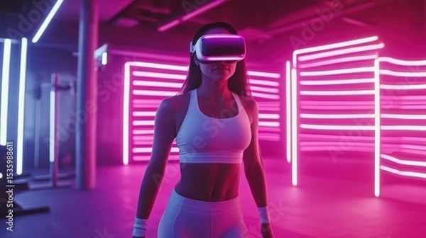 Obraz Hispanic woman in futuristic VR fitness session with digital workout instructor in sleek gym environment featuring neon ambient lights showcasing high-energy virtual reality exercise technology
