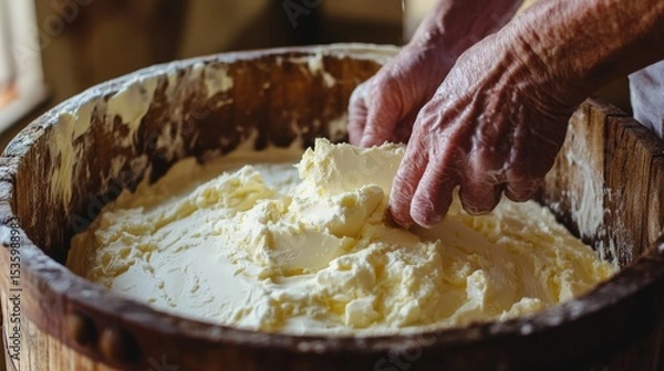 Obraz Close up of skilled hands churning fresh homemade butter in rustic wooden barrel with natural lighting highlighting creamy texture in traditional farmhouse kitchen
