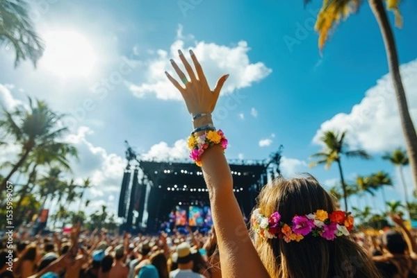 Obraz Point of view of a festival-goer wearing flower bracelets while watching a live band on an open-air stage, framed by palm trees and blue sky during a outdoor summer concert experience. Music festival.