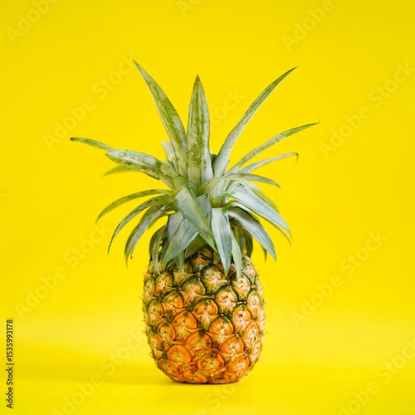Fototapeta Pineapple. A fresh pineapple isolated on yellow background with soft focus in the middle.