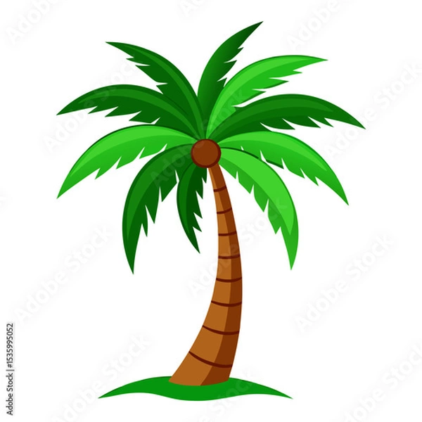 Fototapeta Simple, vibrant illustration of a classic palm tree with green fronds and a brown trunk, rooted in a patch of grass, symbolizing tropical climates and relaxation.