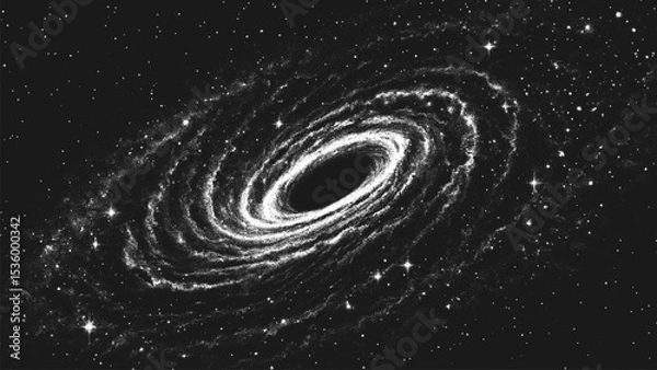 Obraz Deep space wormhole vortex surrounded by cosmic dust and stars. Black hole portal bending time and space. Galactic swirl in stippling style. Dotwork. Pointillism. Dots shading. Vector illustration