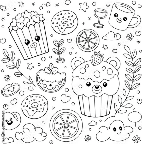 Fototapeta A delightful coloring page filled with kawaii doodles. This whimsical scene features charming food characters, smiling popcorn box,  sweet bear cupcake, happy donuts, and other cute, friendly treats.