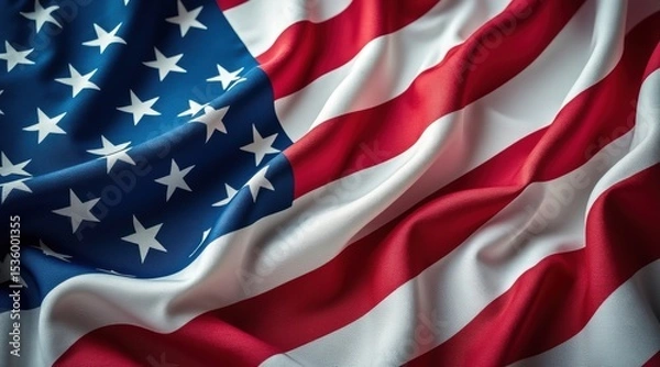 Fototapeta A close-up image of the American flag showing its stars and stripes in vibrant red, white, and blue colors with fabric folds.