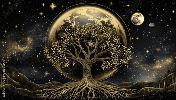 Obraz Golden cosmic tree of life in starry night.