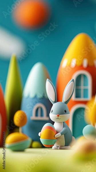 Fototapeta Whimsical Easter Bunny Village With Bunnies Painting Eggs and Colorful Chocolate Houses in Vibrant Springtime Setting