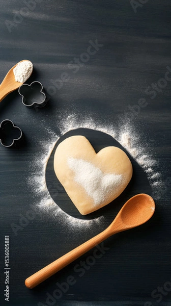 Fototapeta Heart-shaped Cookie Dough Ready for Baking on a Dark Wooden Table With Flour and Utensils Around