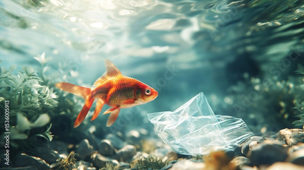 Fototapeta Underwater Tranquility Captures a Fish Exploring a Transparent Plastic Bag Amid Serene Waters
