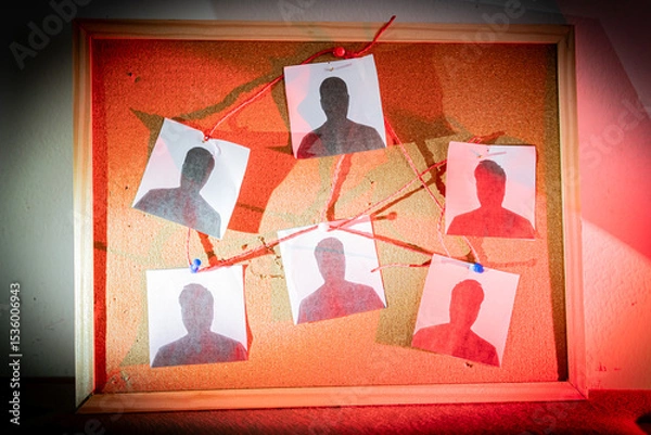 Fototapeta Criminal investigation board with suspect photos connected by red thread on cork background