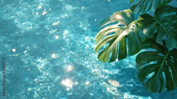 Fototapeta Tropical Paradise: Monstera Leaves and Sparkling Pool