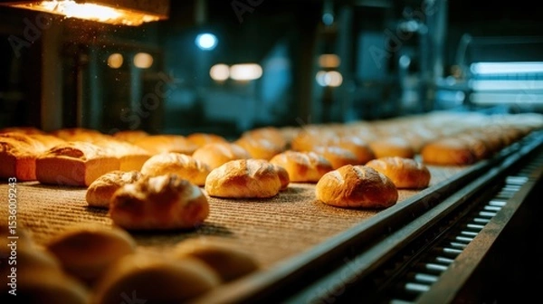 Fototapeta Freshly Baked Bread Rolls on a Conveyor Belt in a Modern Bakery