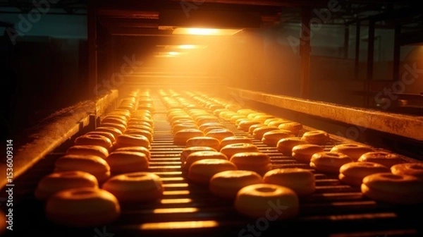 Fototapeta Golden Doughnuts on Conveyor Belt in Bakery