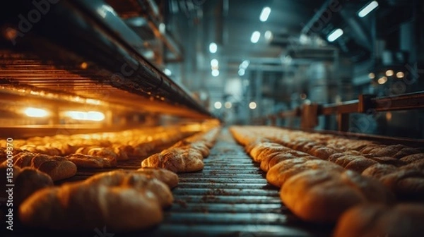 Fototapeta Bakery Production Line: Golden Breads on Conveyor Belt
