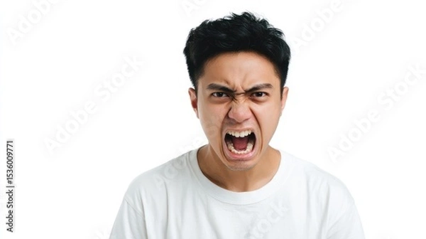 Fototapeta Angry Young Man, Frustration, Rage, Outburst, Yelling, Studio Shot, White Background, Expression, Emotion, Intensity, Close-up Portrait