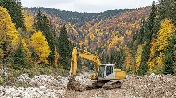 Fototapeta Excavator in a mountain valley with autumn foliage.